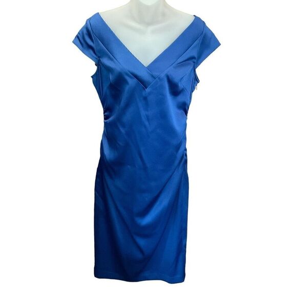 Maggy London Blue Satin Sheath Dress Knee Length V-Neck Cap Sleeve Size 10 - Picture 1 of 11